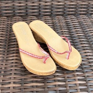 Italian Shoemakers Tan and Pink Wedge Sandals Summer Design